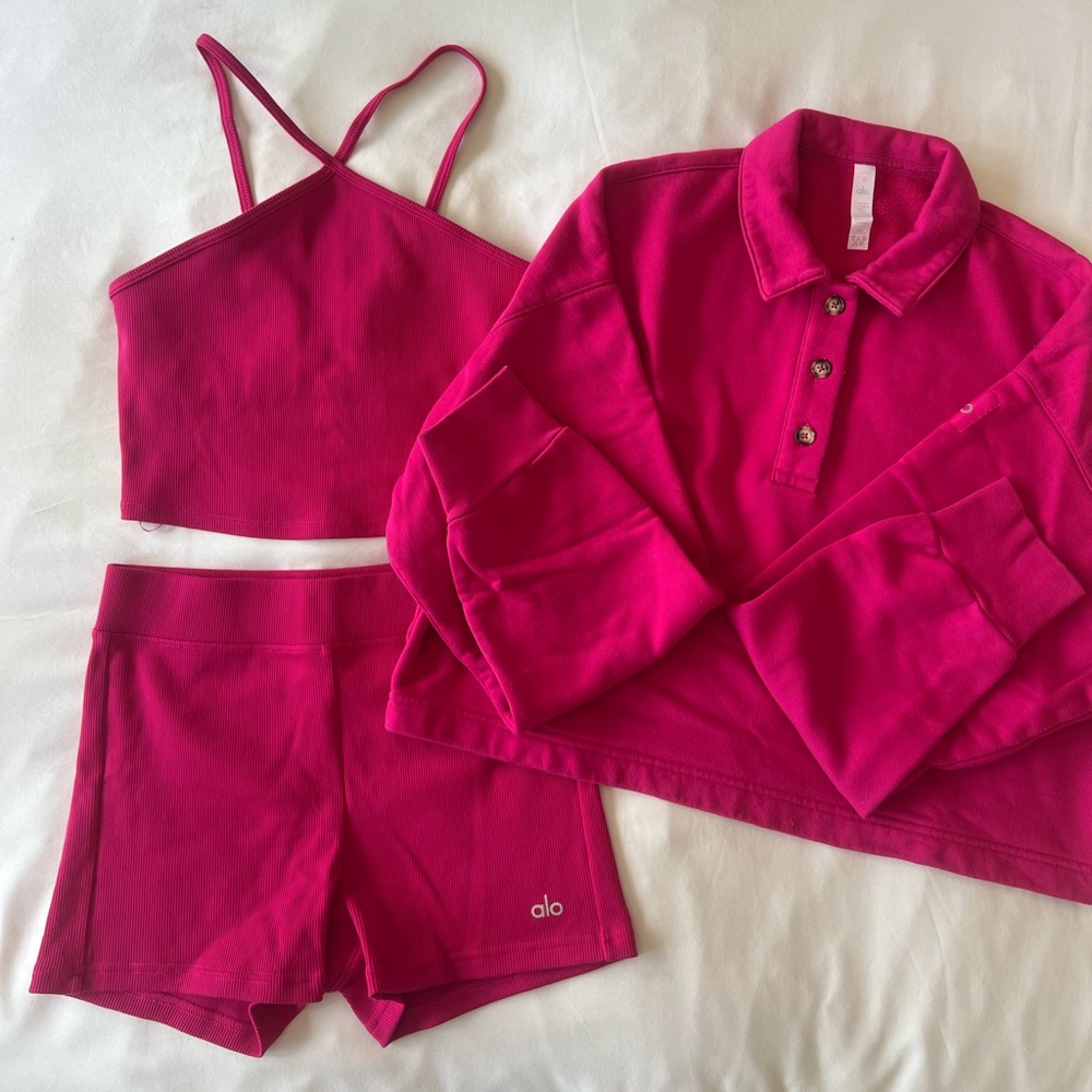 Alo Yoga Hot Pink 3-Piece Set (Top, Shorts & Sweater) - Size S